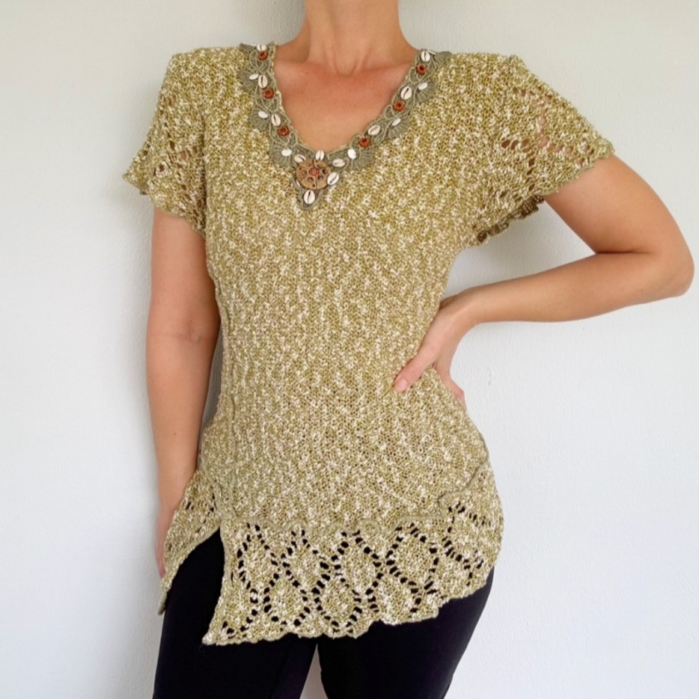 Vintage Y2K Chagall green bouclé knit beaded v-neck short sleeve sweater large